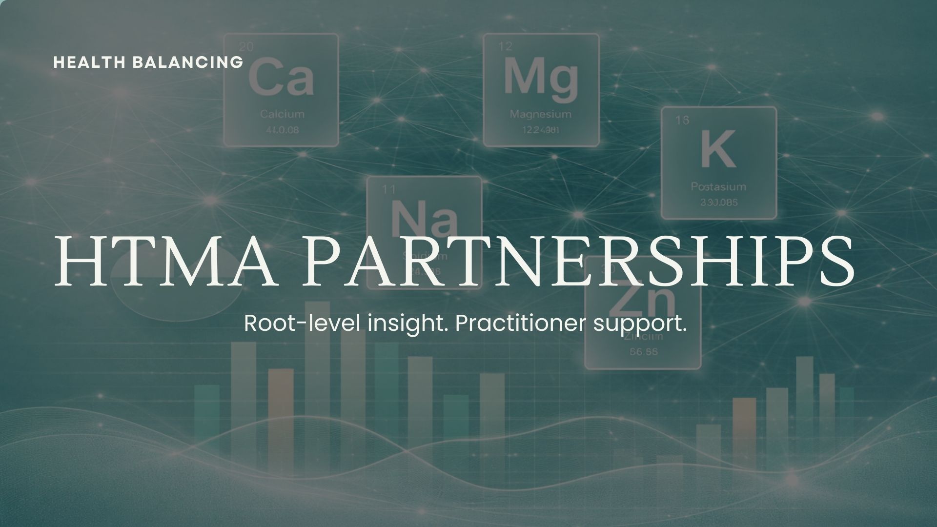Illustration of health balancing with atomic symbols for calcium, magnesium, potassium, and sodium, emphasizing root-level insight and practitioner support in health partnerships.