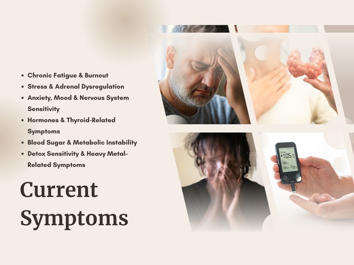 Infographic showing common symptom-led entry points such as fatigue, anxiety, hormone imbalance, blood sugar instability, and detox sensitivity in HTMA
