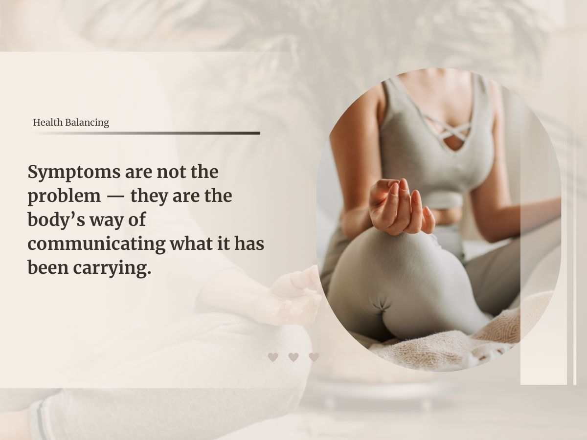 Calm wellness image with the quote that symptoms are the body’s way of communicating what it has been carrying