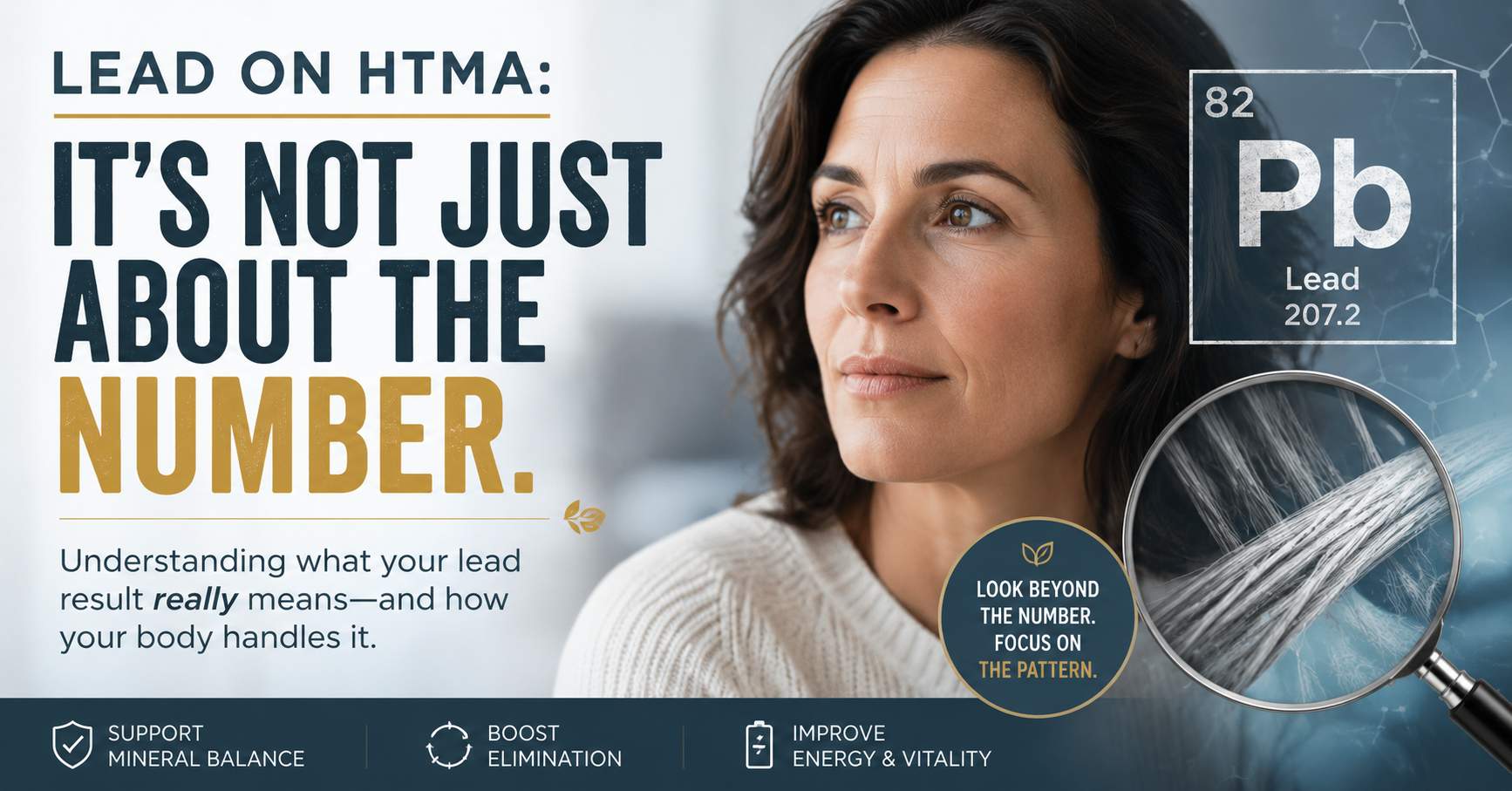 Lead on HTMA article cover showing hair mineral analysis, lead toxicity awareness, and mineral balance assessment.