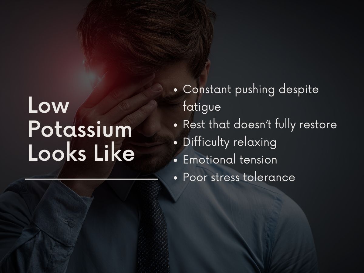 low-potassium-symptoms-effects.jpg Man holding his head in concern with text overlay listing symptoms of low potassium including fatigue, incomplete rest, difficulty relaxing, emotional tension, and poor stress tolerance.