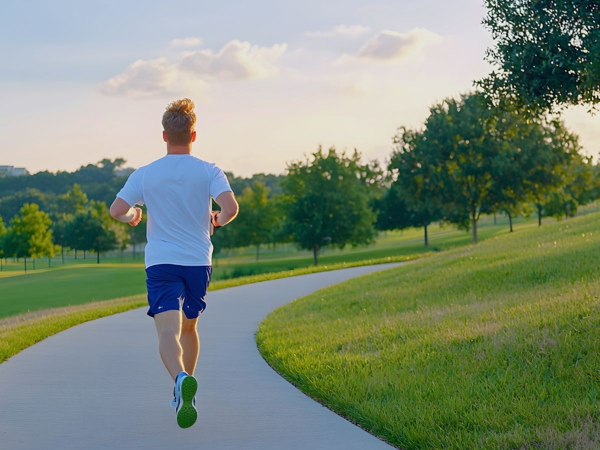 man-running-on-park-trail-outdoor-fitness.jpg Man jogging on a paved trail in a green park during sunny weather