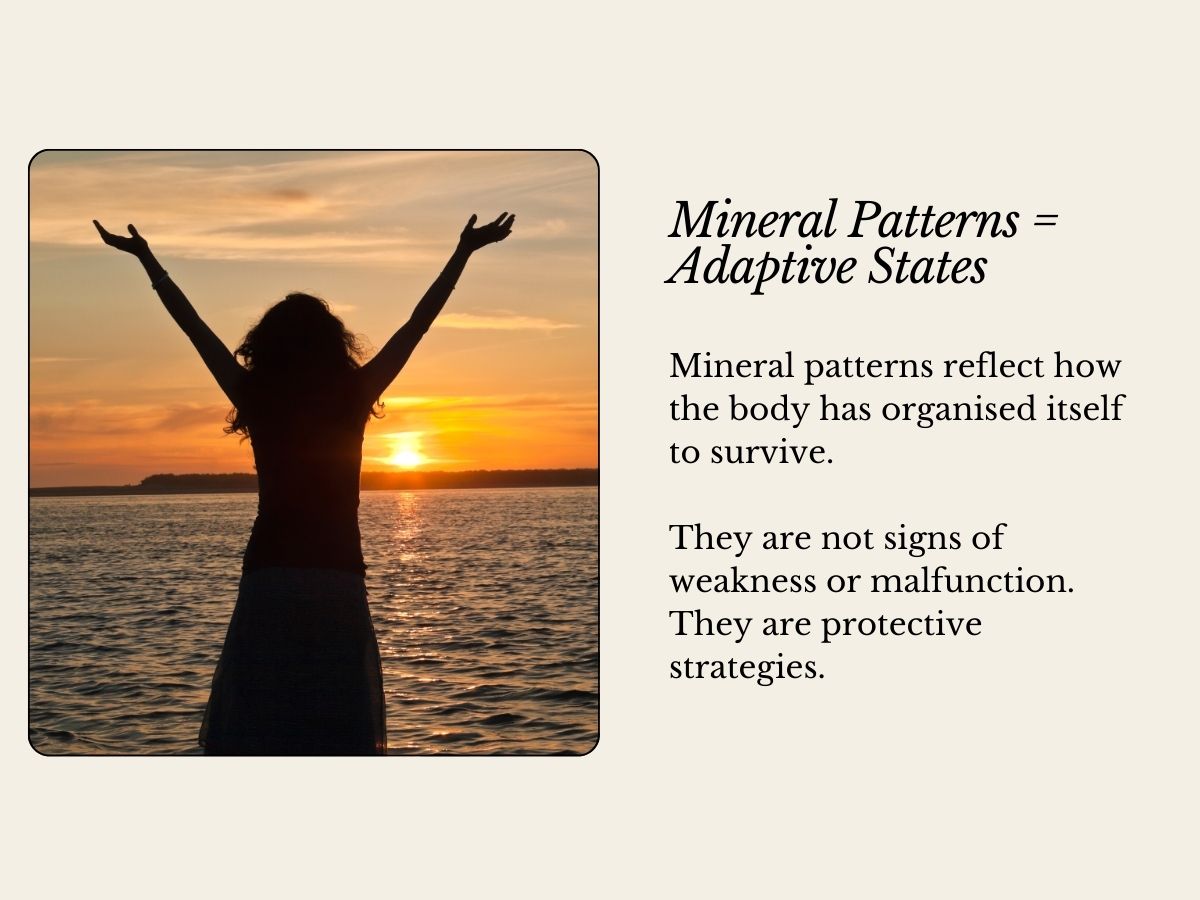 Mineral patterns as adaptive states, showing the body organising itself to survive, illustrated by a person raising their arms at sunrise.