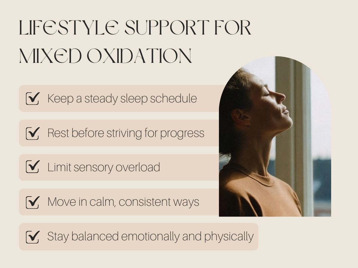 mixed-oxidation-lifestyle-support-htma.jpg Lifestyle support graphic for mixed oxidation outlining steady sleep, gentle movement, sensory regulation, emotional balance, and consistent routines for adrenal and thyroid stability.