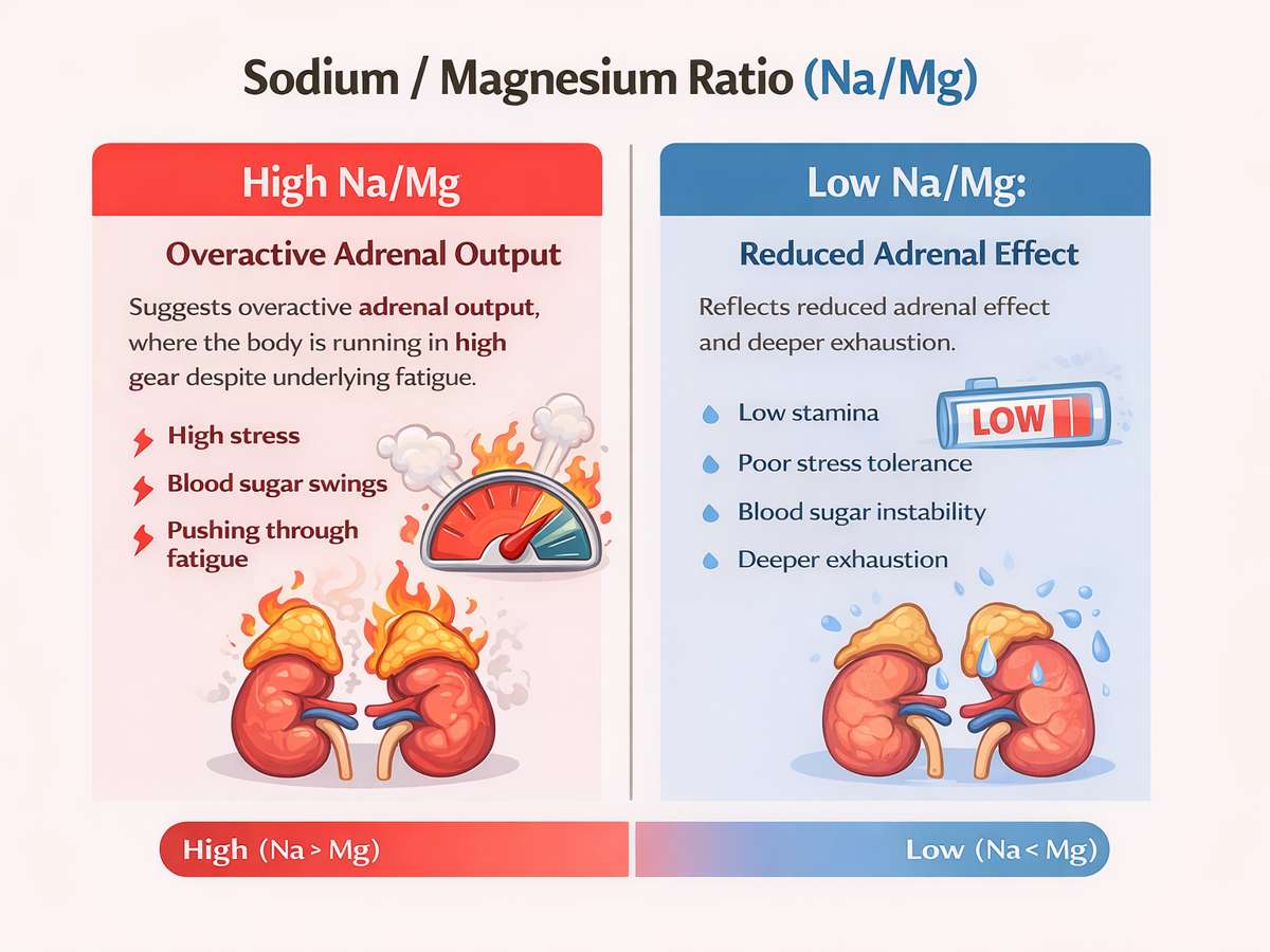 sodium-magnesium-ratio-infographic-adrenal-function Infographic comparing high and low sodium to magnesium (Na/Mg) ratios, showing that high Na/Mg reflects overactive adrenal output and low Na/Mg indicates reduced adrenal function, low stamina, and deeper exhaustion.