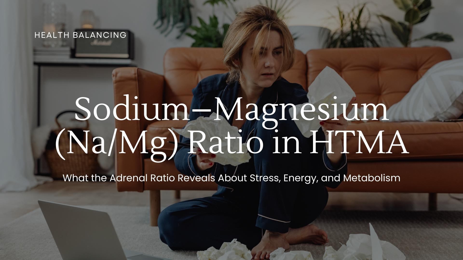 Woman sitting on the floor surrounded by crumpled tissues, holding a tissue and looking stressed with a laptop nearby, illustrating the sodium to magnesium ratio in relation to stress and metabolism.