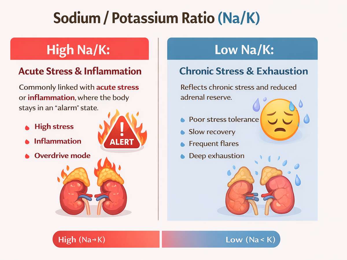 sodium-potassium-ratio-infographic-stress-energy Sodium to potassium ratio (Na/K) infographic showing high Na/K linked to acute stress and inflammation, and low Na/K linked to chronic stress, adrenal exhaustion, and poor recovery.