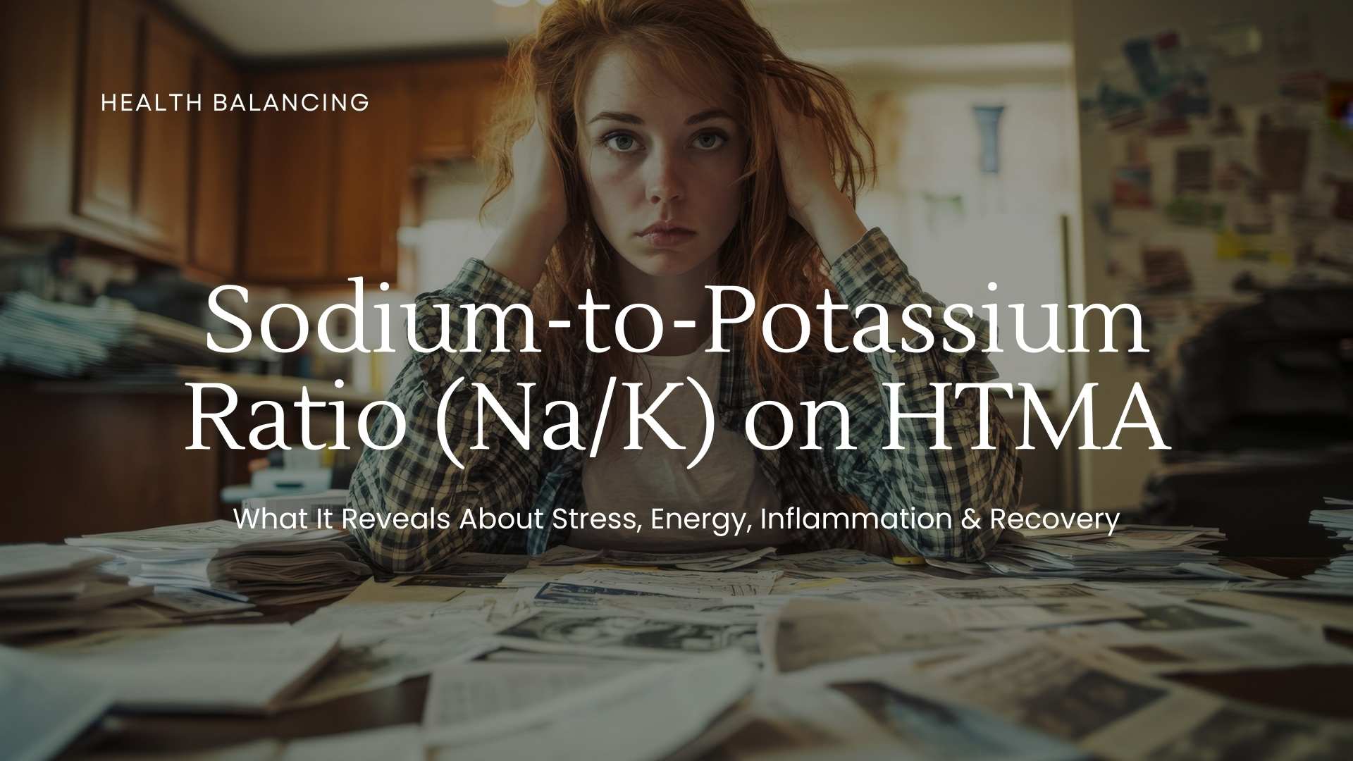 Frustrated woman sitting at a cluttered table with papers, illustrating the impact of sodium-to-potassium ratio (Na/K) on stress, energy, inflammation, and recovery, with a focus on health balancing.