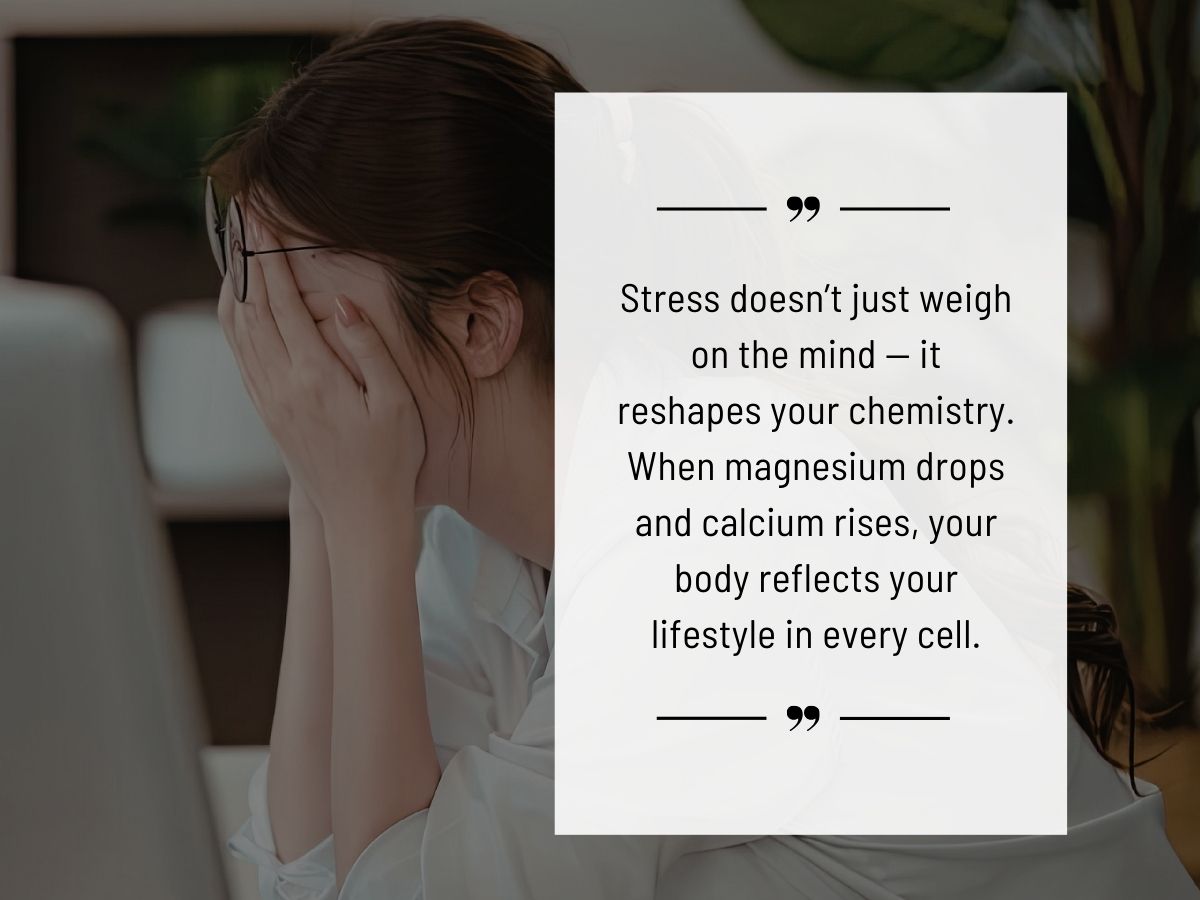 Quote about stress and mineral balance displayed over an image of a stressed woman with her head in her hands, emphasizing how magnesium drops and calcium rises during stress, reflecting lifestyle in every cell.