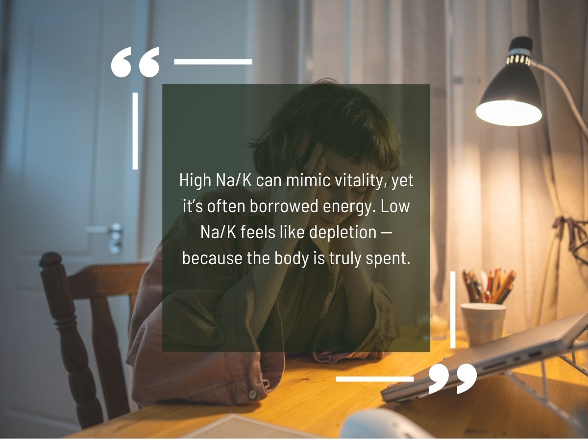 Woman sitting at a desk holding her head in stress, with a quote about high and low Na/K ratios reflecting vitality and depletion in HTMA testing.