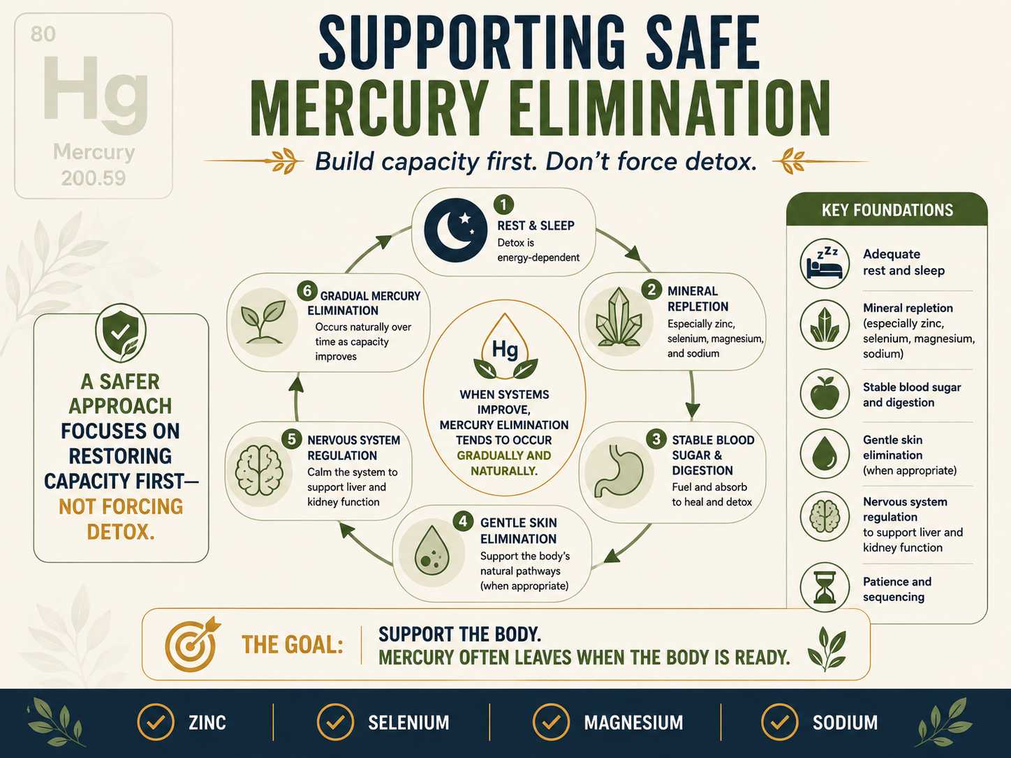 Infographic illustrating the foundations of safe mercury elimination, including rest and sleep, mineral repletion, stable digestion, nervous system regulation, and gradual detoxification support.