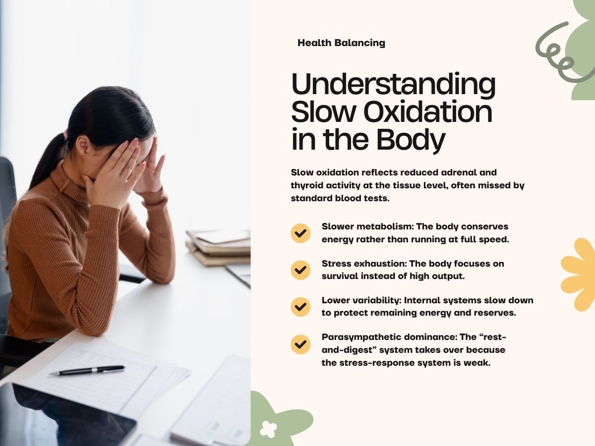 Infographic titled "Understanding Slow Oxidation in the Body" showing a stressed woman and listing symptoms including slower metabolism, stress exhaustion, lower variability, and parasympathetic dominance.