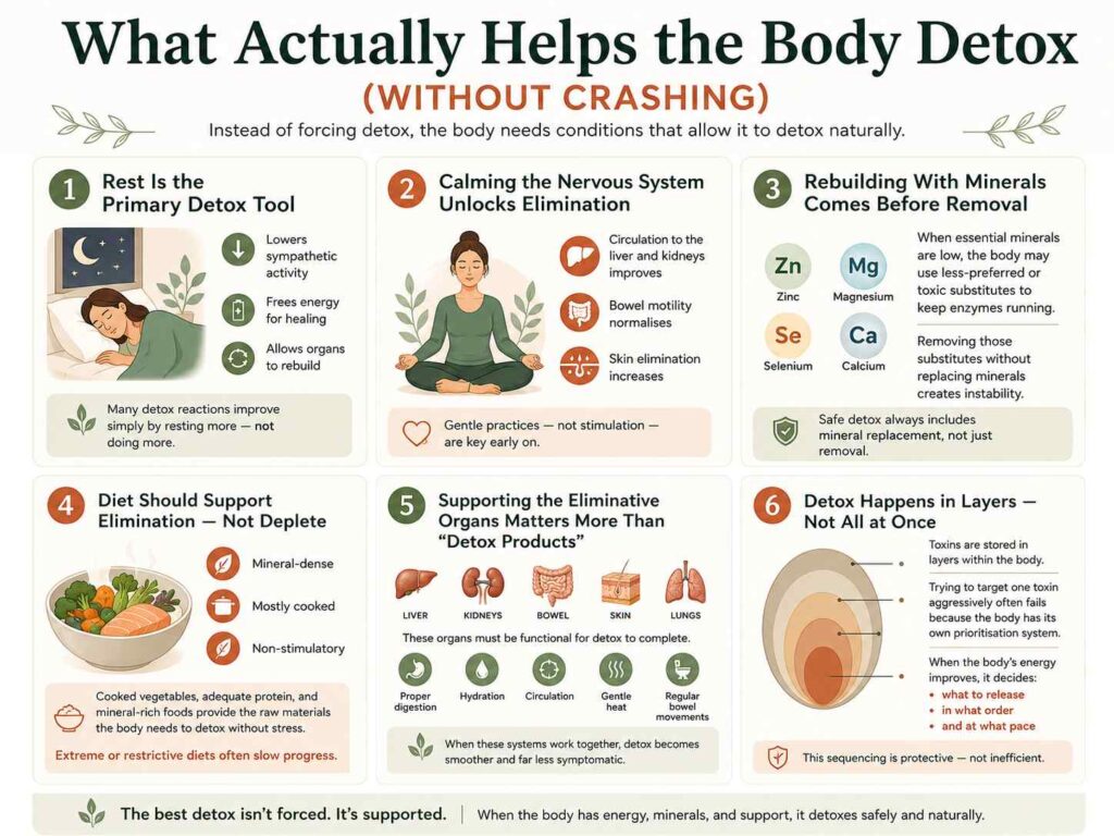 Infographic explaining six ways to support natural detoxification safely: prioritising rest, calming the nervous system, rebuilding minerals, eating a mineral-dense diet, supporting eliminative organs, and allowing detox to occur gradually in layers.