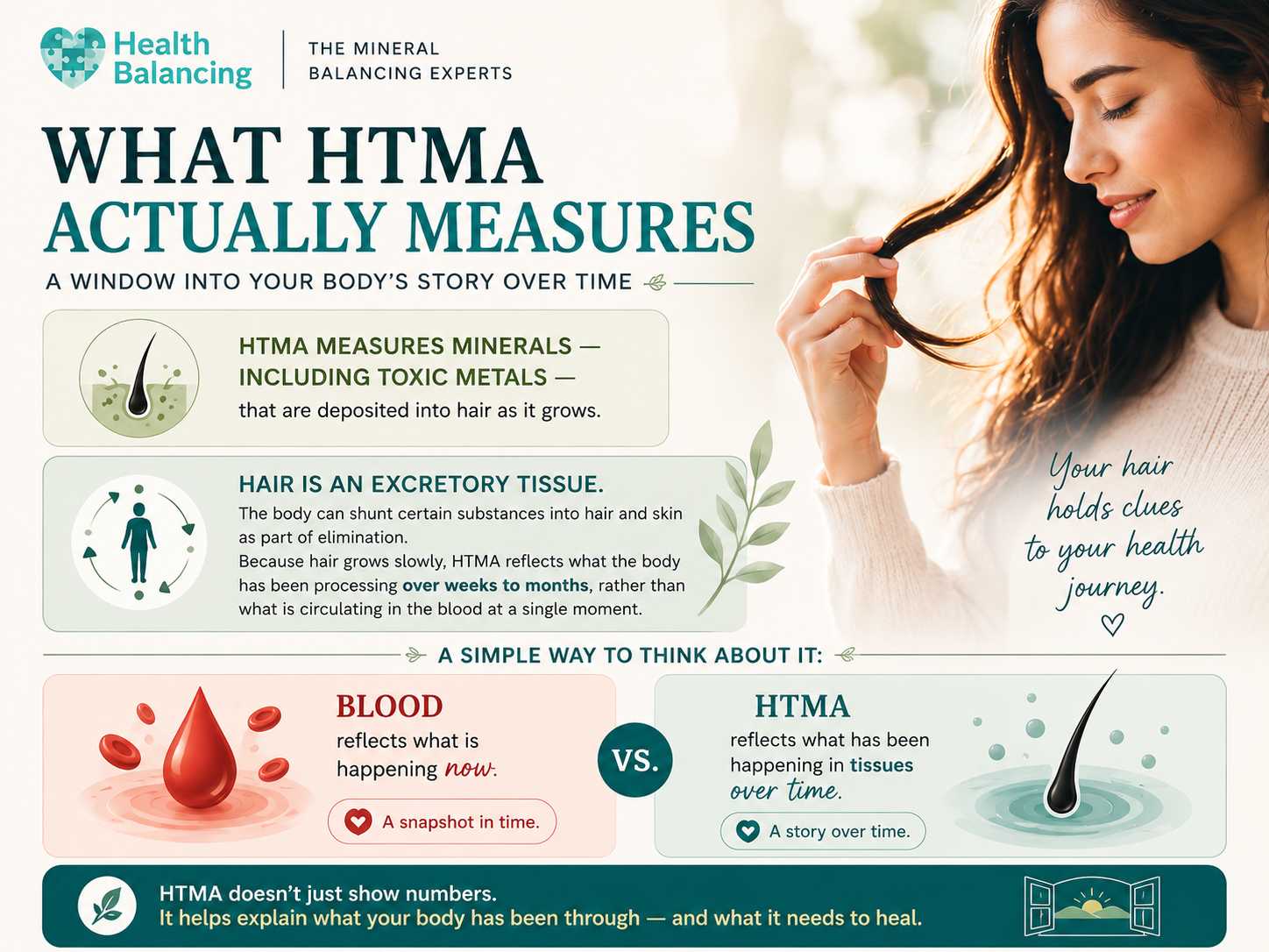 "What HTMA actually measures infographic explaining Hair Tissue Mineral Analysis, how minerals and toxic metals are deposited in hair over time, why hair is an excretory tissue, and how HTMA differs from blood testing by reflecting long-term mineral and tissue health patterns."