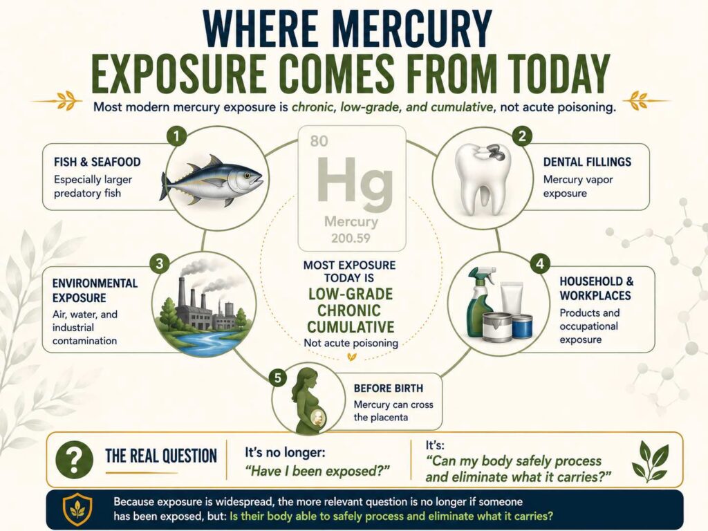 Educational infographic showing common modern sources of mercury exposure including fish and seafood, dental fillings, environmental contamination, household products, occupational exposure, and prenatal exposure.