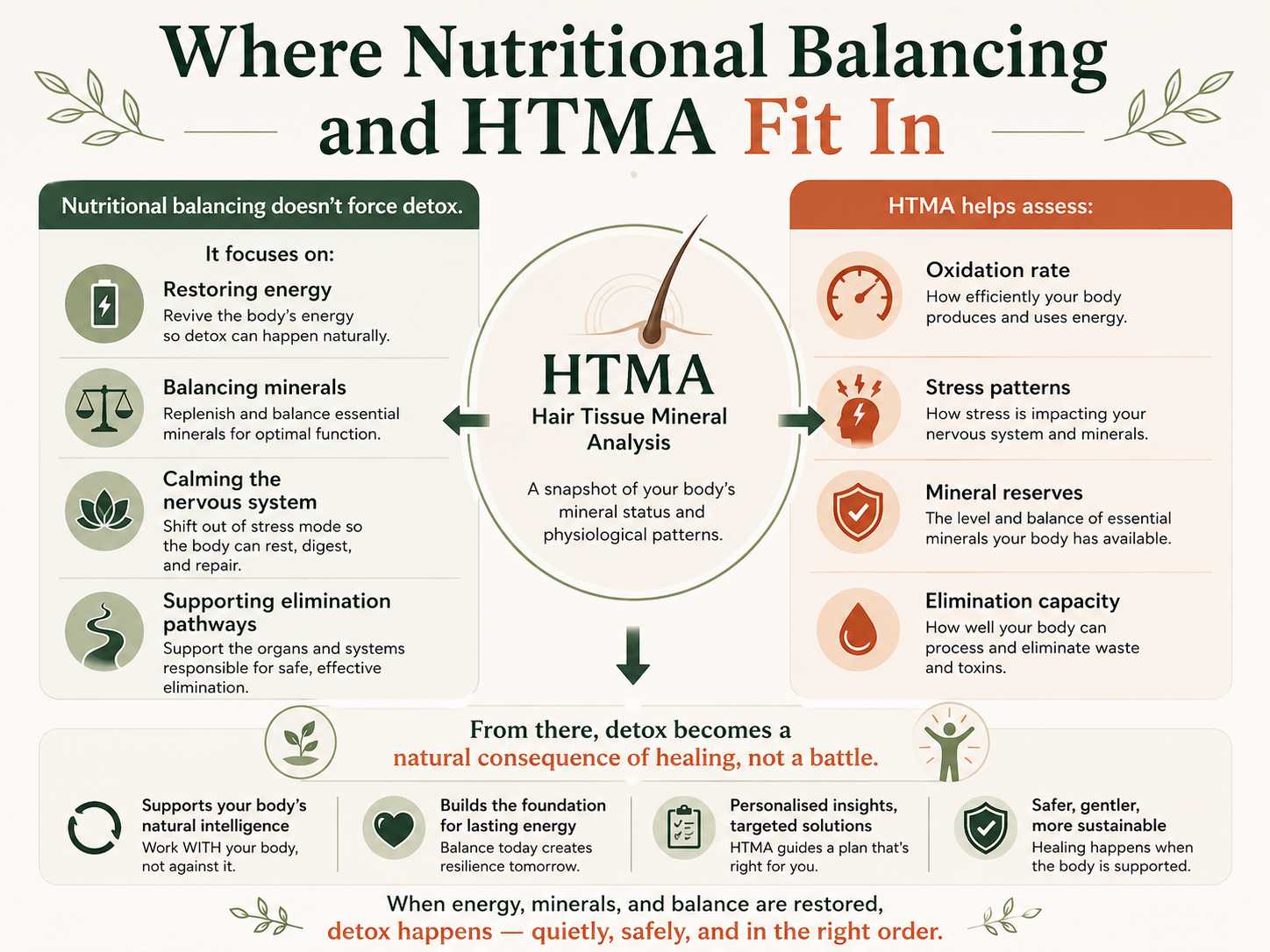 Infographic showing how Nutritional Balancing and Hair Tissue Mineral Analysis (HTMA) support natural detoxification by restoring energy, balancing minerals, calming the nervous system, assessing oxidation rate, stress patterns, mineral reserves, and elimination capacity so detox occurs naturally.