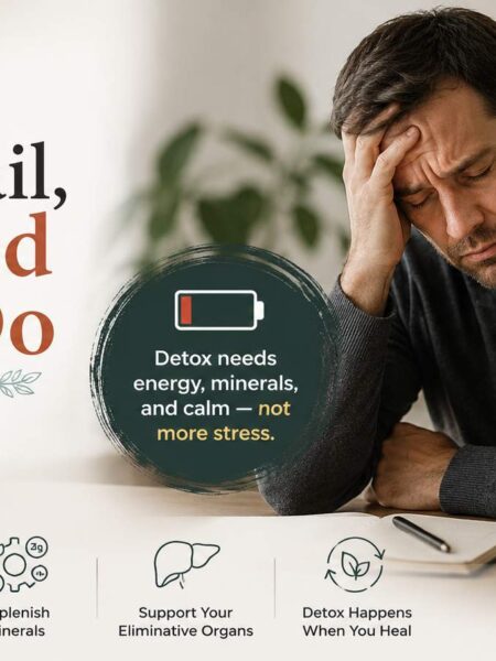 Exhausted man holding his head at a desk illustrating why detox can make exhausted people feel worse when the body lacks energy, minerals, and nervous system support.
