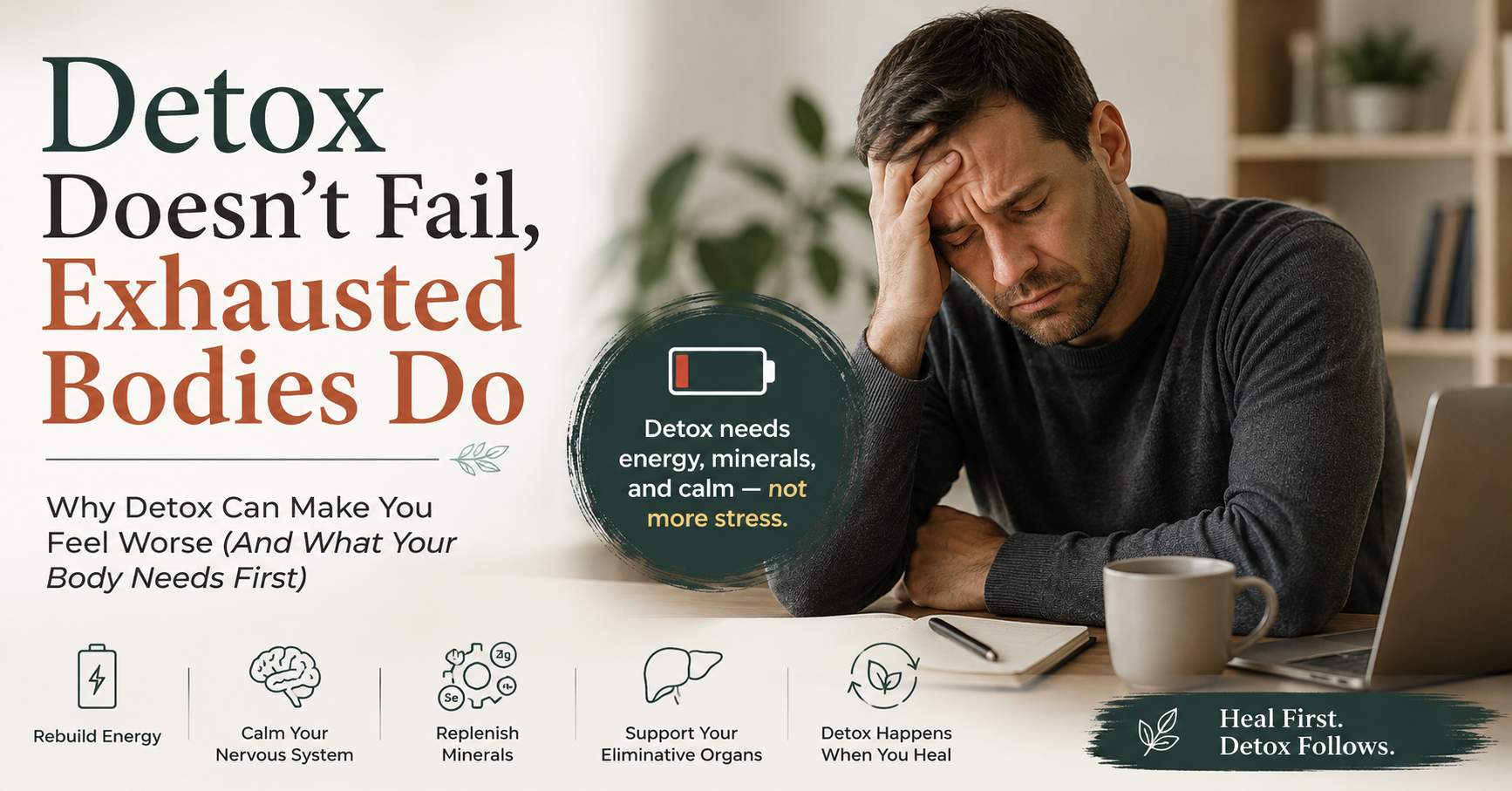 Exhausted man holding his head at a desk illustrating why detox can make exhausted people feel worse when the body lacks energy, minerals, and nervous system support.