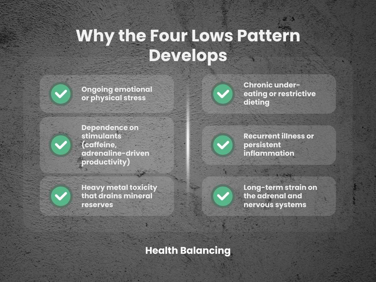 why-four-lows-pattern-develops-htma-stress-diet-toxicity-adrenal-strain.jpg Infographic explaining why the Four Lows HTMA pattern develops, listing chronic stress, restrictive dieting, stimulant dependence, recurrent illness, heavy metal toxicity, and long-term adrenal and nervous system strain as causes of deep mineral depletion.