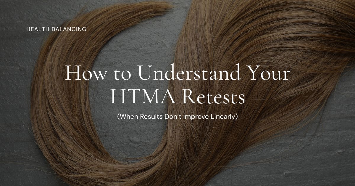 Close-up of strands of brown hair arranged in loops on a textured surface, representing a hair tissue mineral analysis (HTMA) test concept