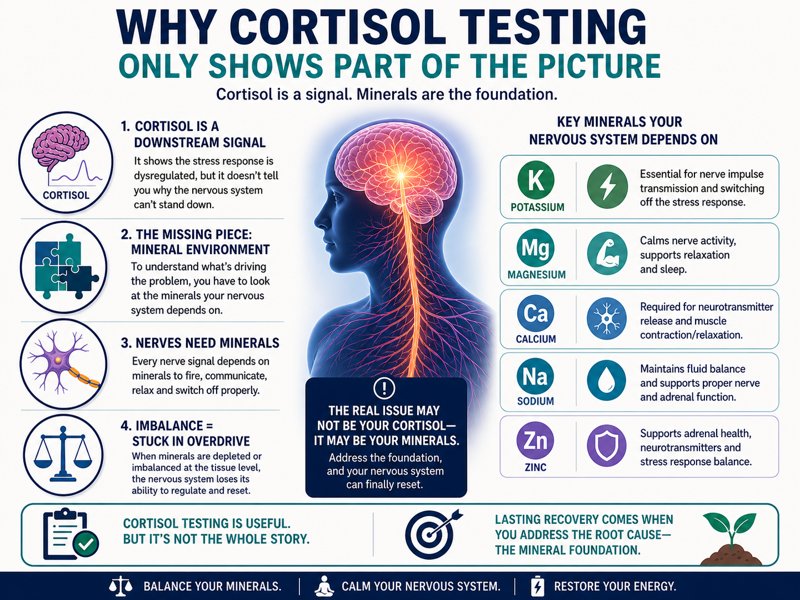 Infographic explaining why cortisol testing is incomplete and how mineral imbalance affects the nervous system and causes tired but wired symptoms