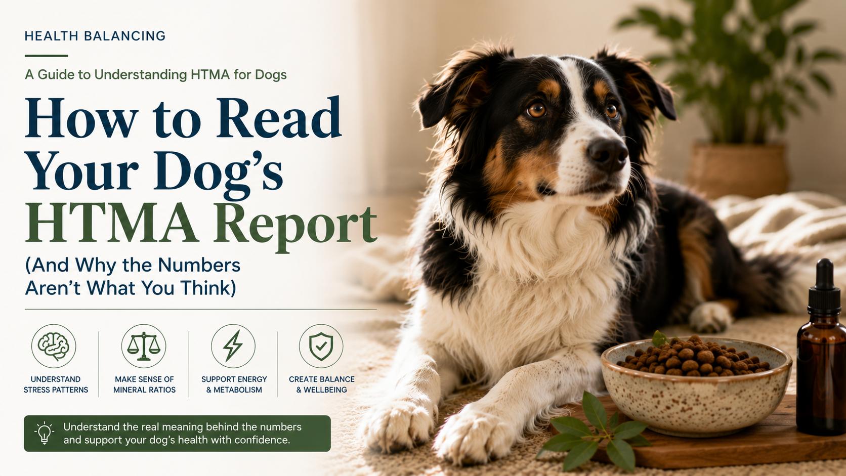 Border collie lying beside dog food and supplements with text reading “How to Read Your Dog’s HTMA Report” in a clean educational banner about canine HTMA, mineral ratios, stress patterns, and metabolic health.