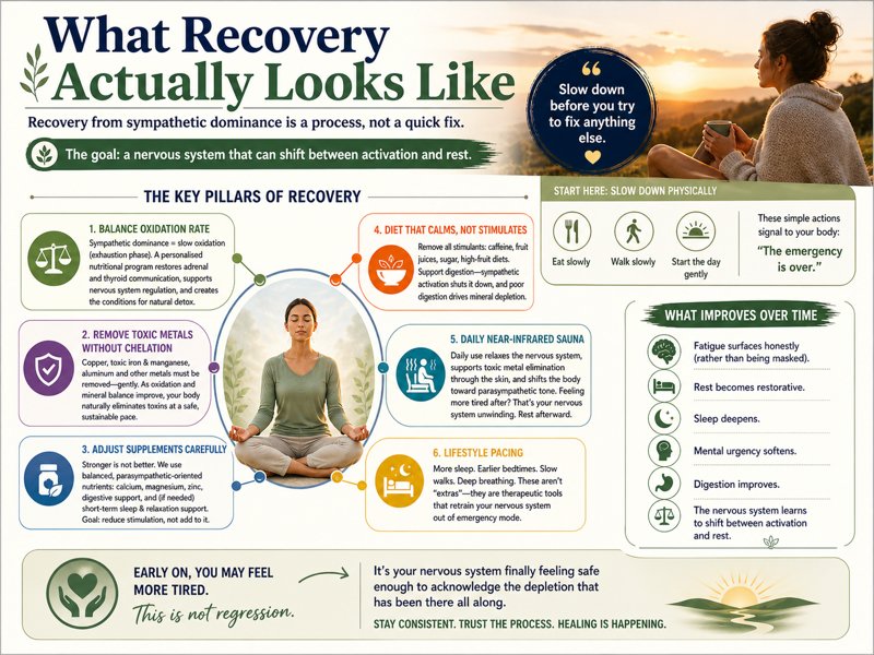 Infographic showing recovery from sympathetic dominance through slowing down, mineral balancing, detox support, and lifestyle changes to restore nervous system function