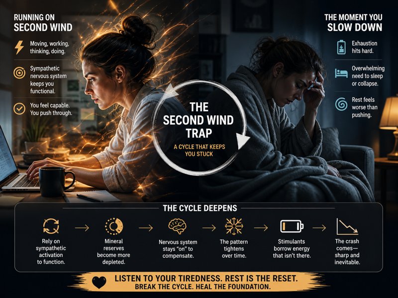 Emotional illustration of the second wind trap showing a person pushing through fatigue and then crashing, representing the wired but tired cycle and sympathetic nervous system overactivation