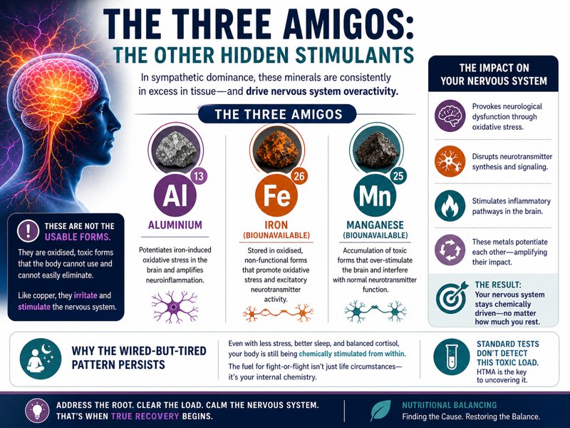 Infographic showing how aluminum, iron, and manganese act as hidden stimulants that disrupt the nervous system through oxidative stress and contribute to wired but tired symptoms