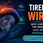 Illustration of a person lying awake at night with an overactive mind, representing the tired but wired state caused by mineral imbalance and sympathetic dominance