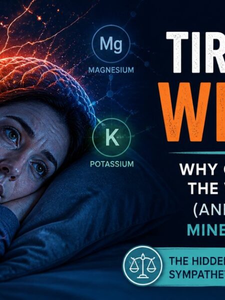 Illustration of a person lying awake at night with an overactive mind, representing the tired but wired state caused by mineral imbalance and sympathetic dominance