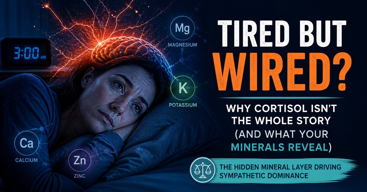 Illustration of a person lying awake at night with an overactive mind, representing the tired but wired state caused by mineral imbalance and sympathetic dominance