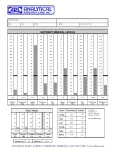 Analytical Research Labs (ARL) Hair Tissue Mineral Analysis (HTMA) report showing nutrient mineral levels, toxic metal levels, and mineral ratios. The report includes bar charts for calcium, magnesium, sodium, potassium, iron, copper, manganese, zinc, chromium, phosphorus, and toxic metals including lead, mercury, cadmium, aluminum, and arsenic. A ratios table compares patient values with reference ranges, illustrating a complete mineral balance assessment.