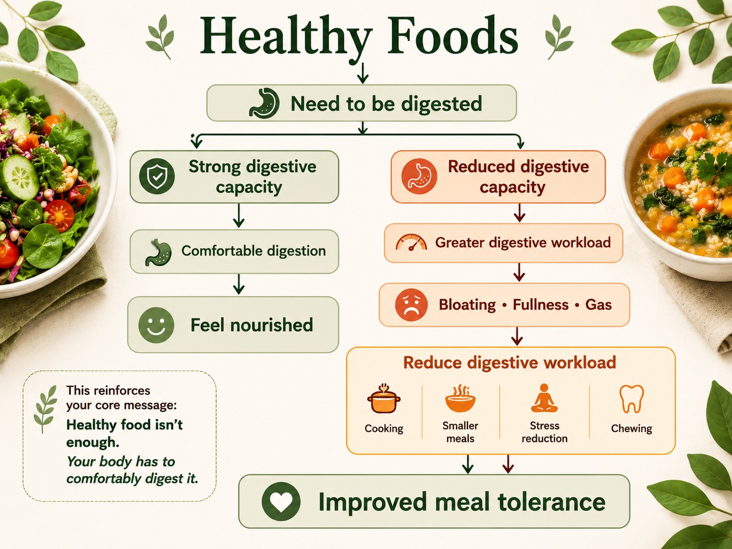 Flowchart showing how healthy foods require digestion, comparing strong versus reduced digestive capacity and explaining how cooking, smaller meals, stress reduction, and thorough chewing can improve meal tolerance and reduce bloating.