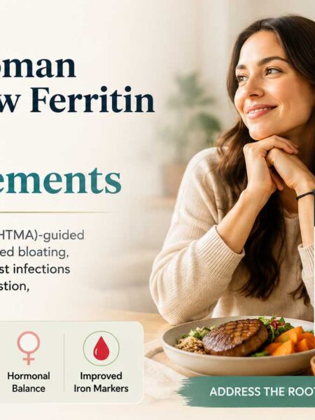Cover image for a real case study showing how a Hair Tissue Mineral Analysis (HTMA)-guided nutritional balancing program improved low ferritin, bloating, fatigue, hair loss, PMS, and iron markers without iron supplements.