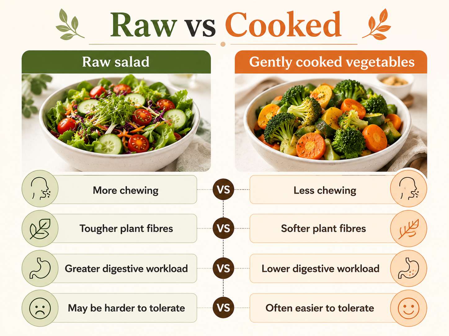Infographic comparing raw salad and gently cooked vegetables, showing that cooked vegetables require less chewing, have softer plant fibres, create a lower digestive workload, and are often easier to tolerate than raw salads.