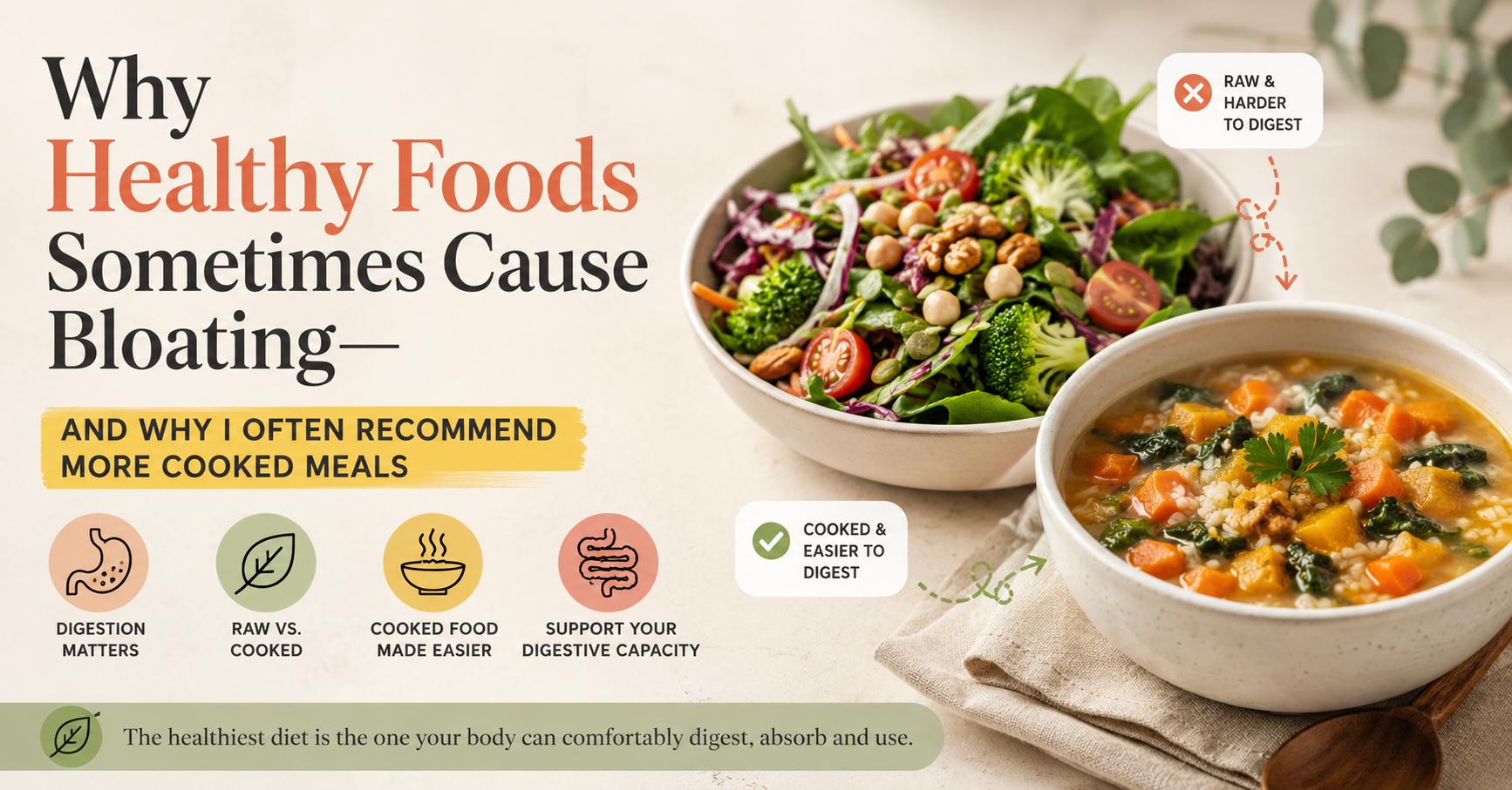 Why healthy foods sometimes cause bloating and why cooked meals may be easier to digest, comparing a raw salad with a bowl of vegetable soup.