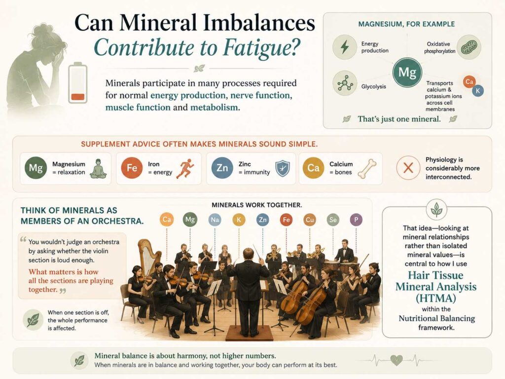 Educational infographic explaining how minerals work together in energy production, nerve and muscle function, and metabolism, using an orchestra metaphor.