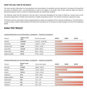 EHAA mineral analysis test result showing macro-element and micro-element concentrations, including nutritional element levels and deficiency or excess indicators.