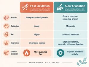 Fast vs slow oxidation HTMA infographic comparing protein, carbohydrate, fat, vegetables and overall nutrition direction