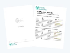 Health Balancing horse hair mineral analysis sample report showing the cover page alongside EHAA test results with macro- and micro-mineral concentrations and nutritional status charts.