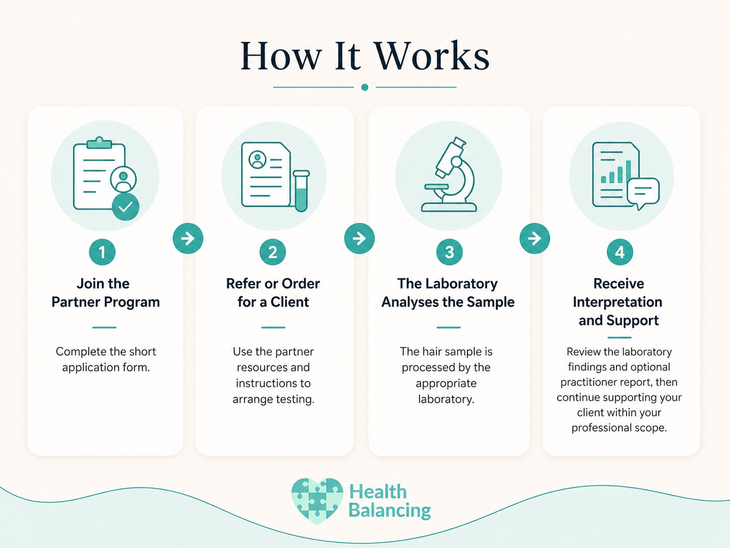 Infographic illustrating the Health Balancing HTMA Partner Program process in four simple steps: join the partner program, refer or order HTMA testing for a client, laboratory hair sample analysis, and receive practitioner interpretation and support.