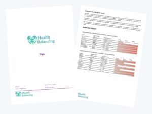 Health Balancing pet hair mineral analysis sample report showing the report cover alongside nutritional element analysis with macro- and micro-mineral concentration charts for dogs.