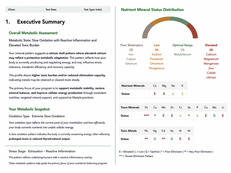 htma-executive-summary-nutrient-mineral-status-800x600 HTMA executive summary report displayed beside a nutrient mineral status distribution chart showing metabolic assessment, oxidation type, mineral balance, and toxic metal status.