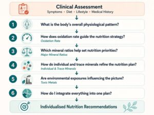 HTMA nutrition assessment workflow showing clinical assessment, physiological pattern, oxidation rate, mineral ratios, trace minerals, toxic metals and individualised nutrition recommendations