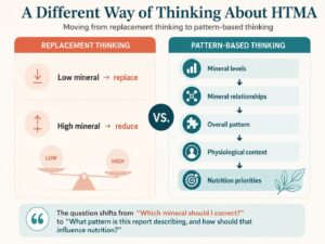 HTMA replacement thinking vs pattern-based thinking infographic showing mineral levels, relationships, overall patterns, physiological context and nutrition priorities