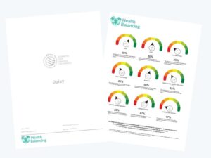 Pet hair mineral analysis report showing the Health Balancing cover page alongside a health dashboard with metabolic gauges, body system scores, and wellness indicators for cats.