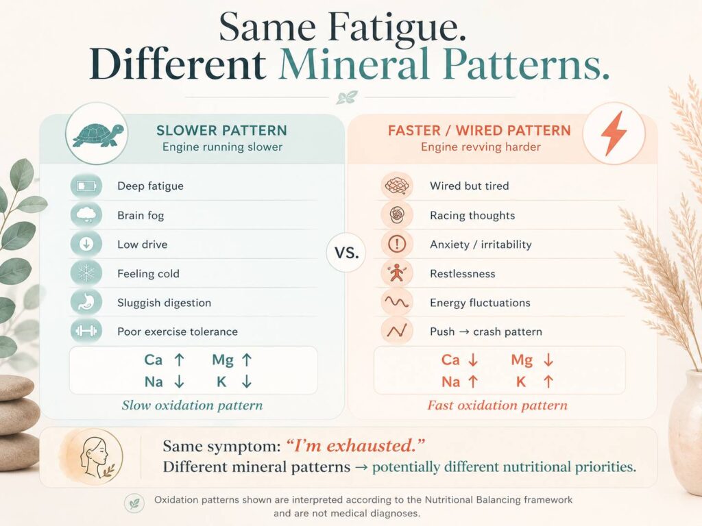 Infographic comparing slower and faster mineral patterns associated with fatigue, including symptoms and calcium, magnesium, sodium and potassium relationships within the Nutritional Balancing framework.