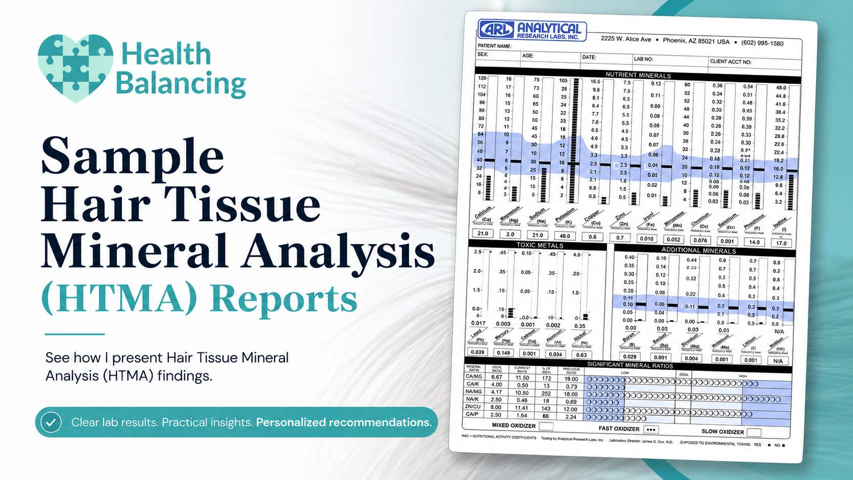 Sample Hair Tissue Mineral Analysis (HTMA) Reports Sample Hair Tissue Mineral Analysis (HTMA) report from Analytical Research Labs (ARL) with Health Balancing practitioner interpretation and personalized nutritional recommendations.