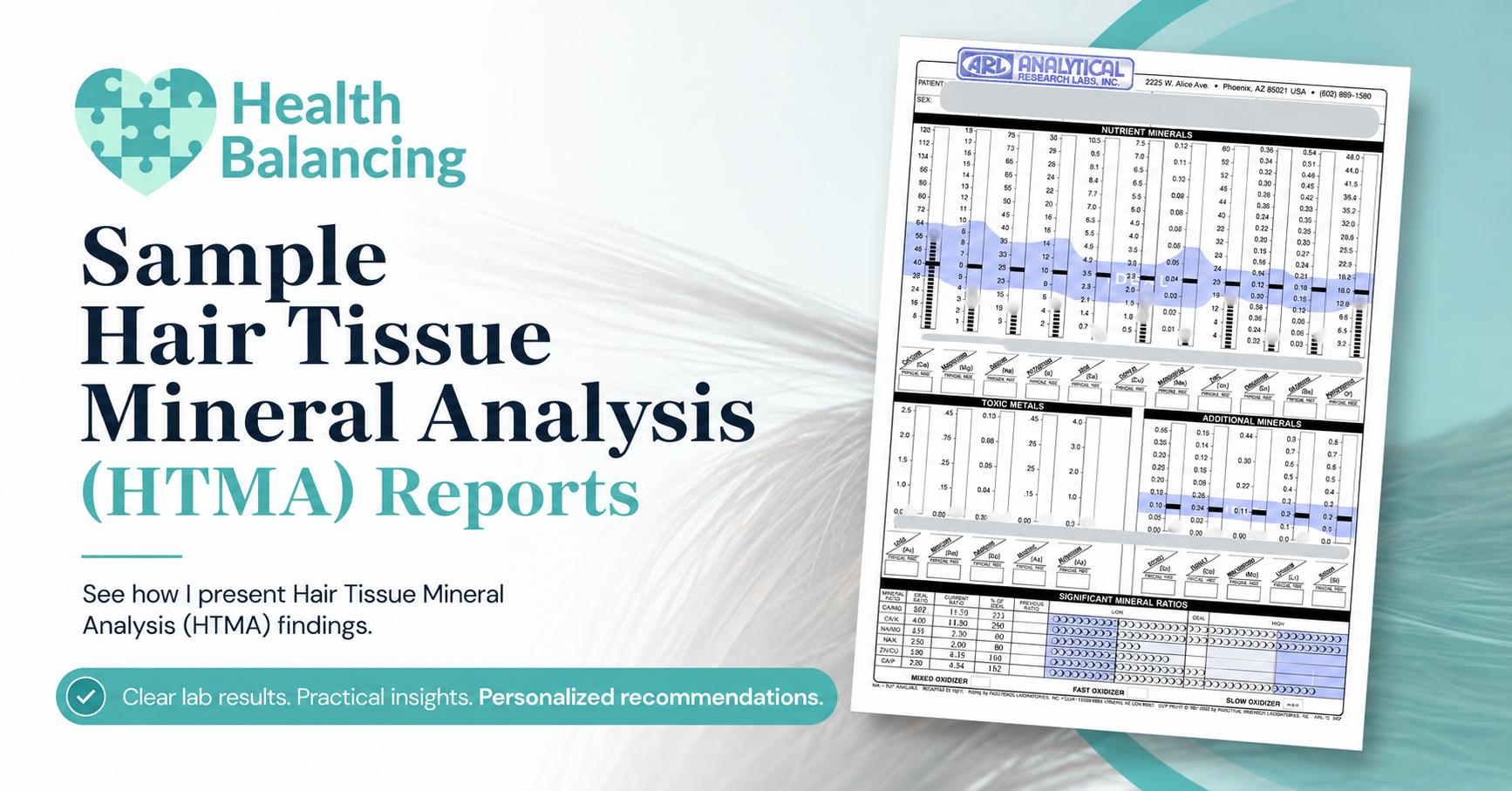 Sample Hair Tissue Mineral Analysis (HTMA) report with Health Balancing logo showing how HTMA findings are interpreted into personalized nutritional recommendations.